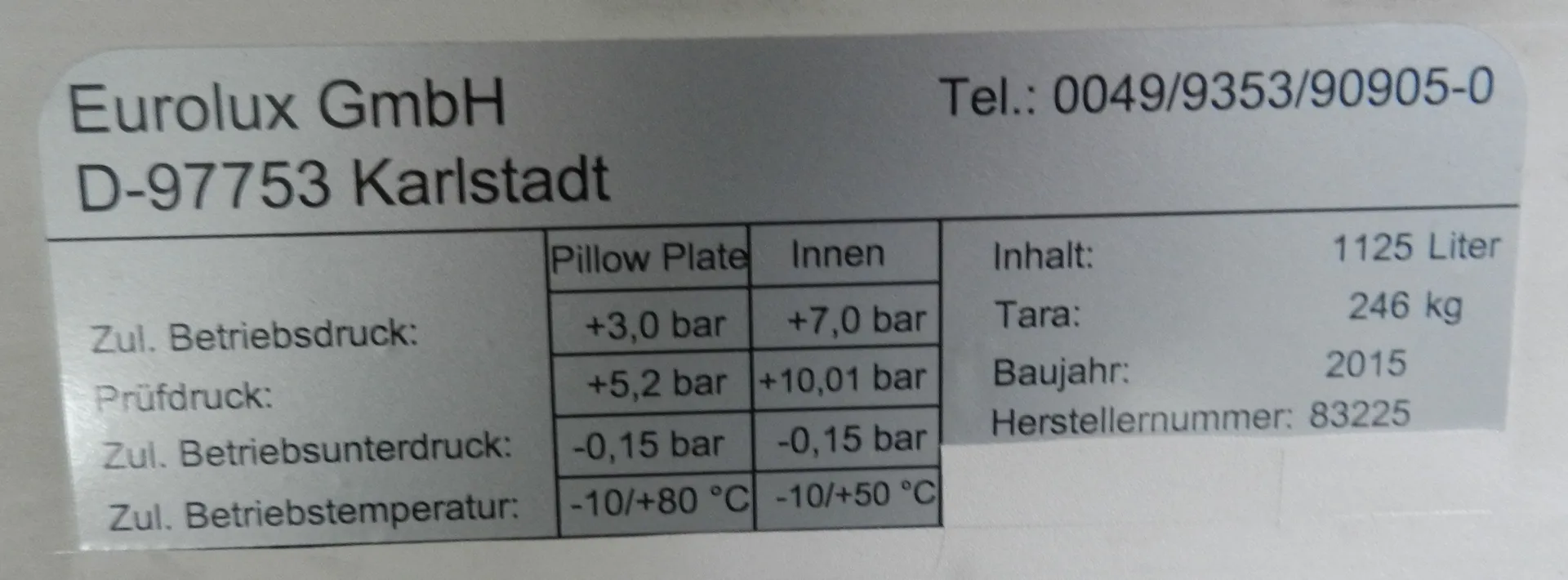 Sektdrucktank/ Lagertanks/ Drucktank 1125 Liter  mit Kühlmantel rund stehend aus V2A  +7,0 bar