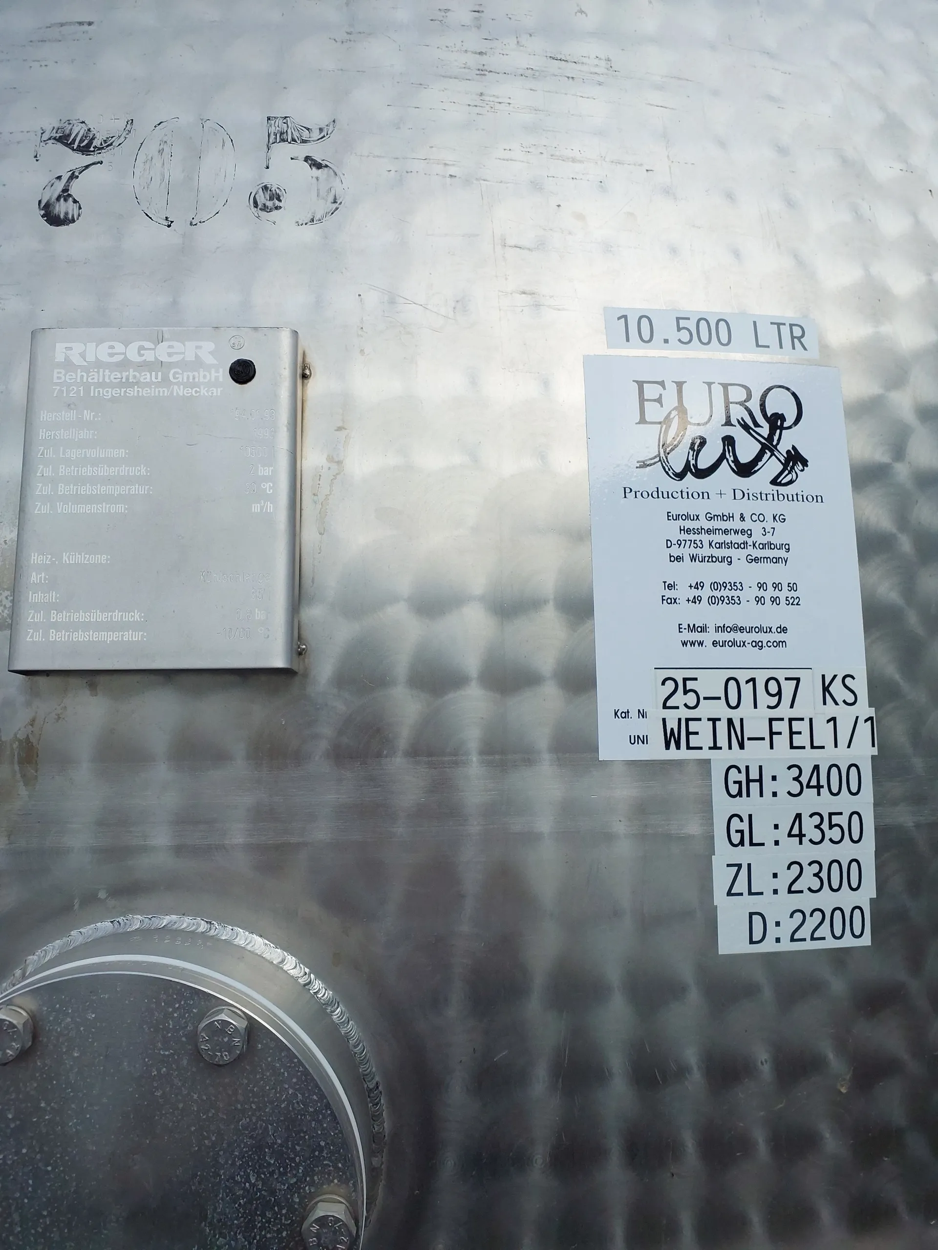10.500 Liter Maischebehälter mit Kühlschlangen