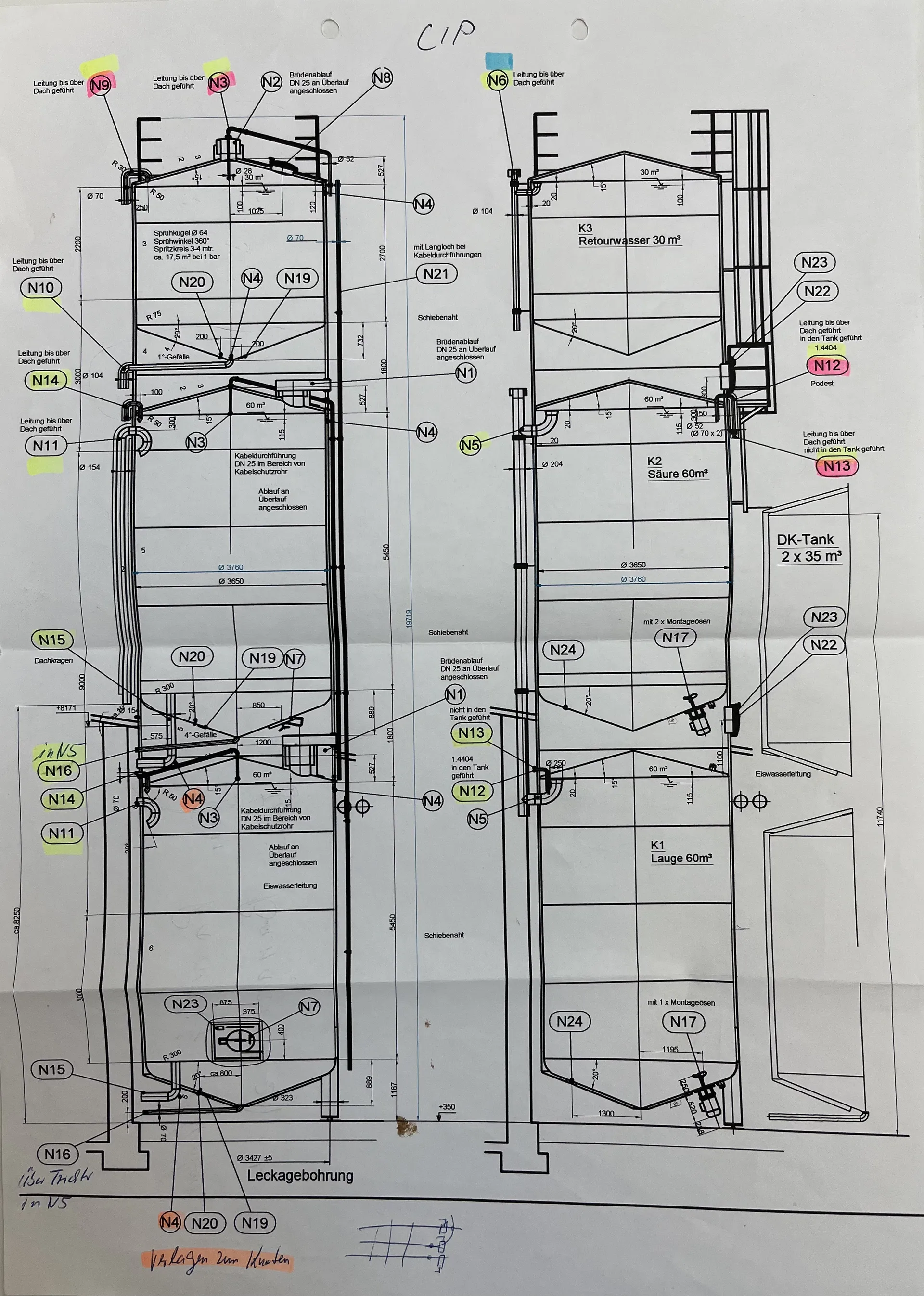 25-0144EUBA 60.000 + 60.000 + 30.000 Liter 3-Stocktank / Rührwerkstank / Lagertank aus V2A Technische Zeichnung