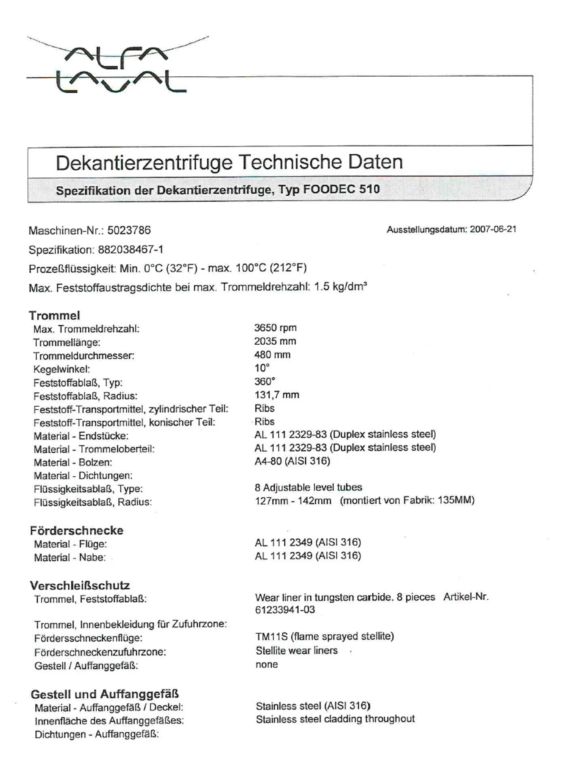 Technische Daten zum Dekanter 1/2