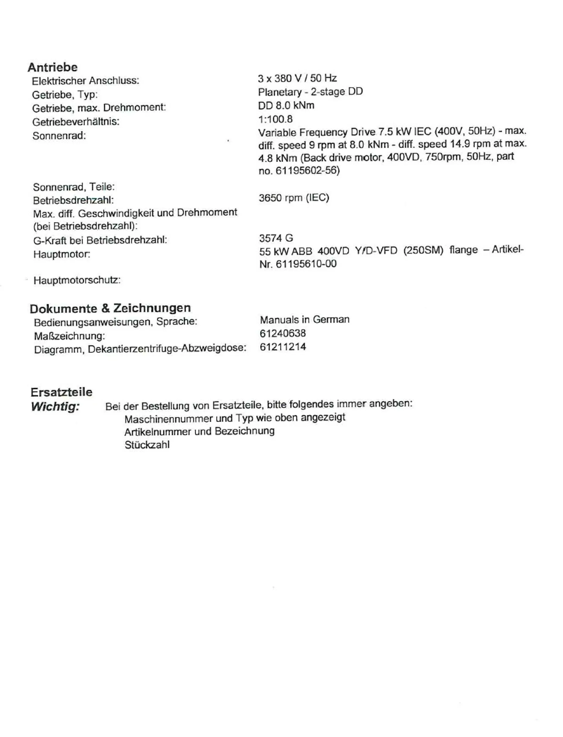 Technische Daten zum Dekanter 2/2