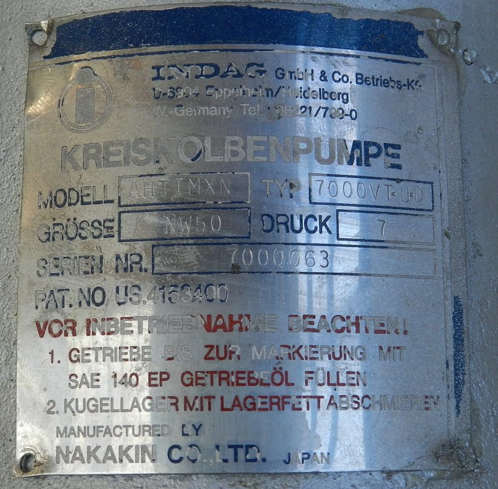 Kreiskolbenpumpe INDAG Typ 7000V TUD 