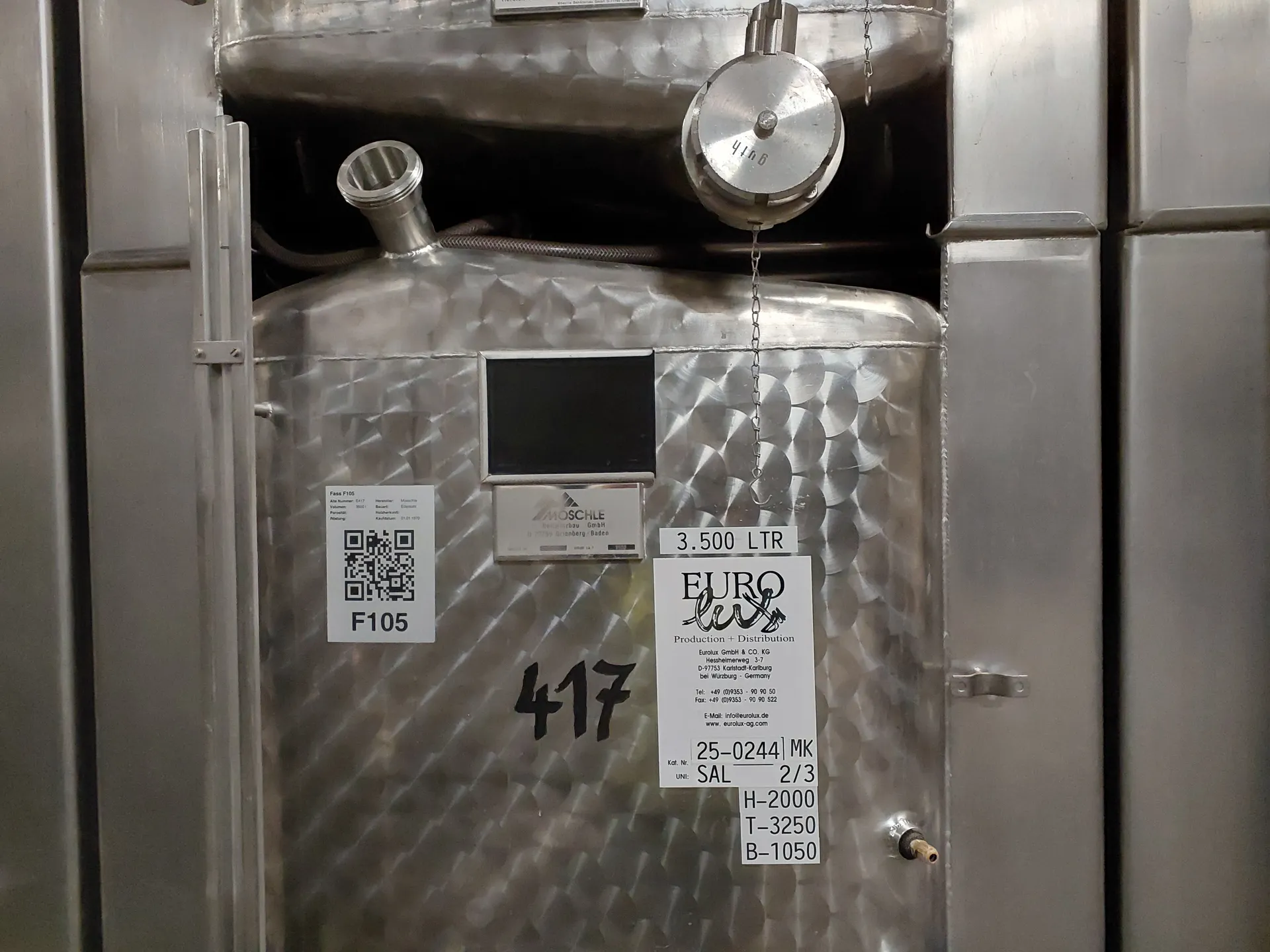 3.500 Liter  Weintank/ Lagertank Möschle,  kubisch mit Kühlmantel