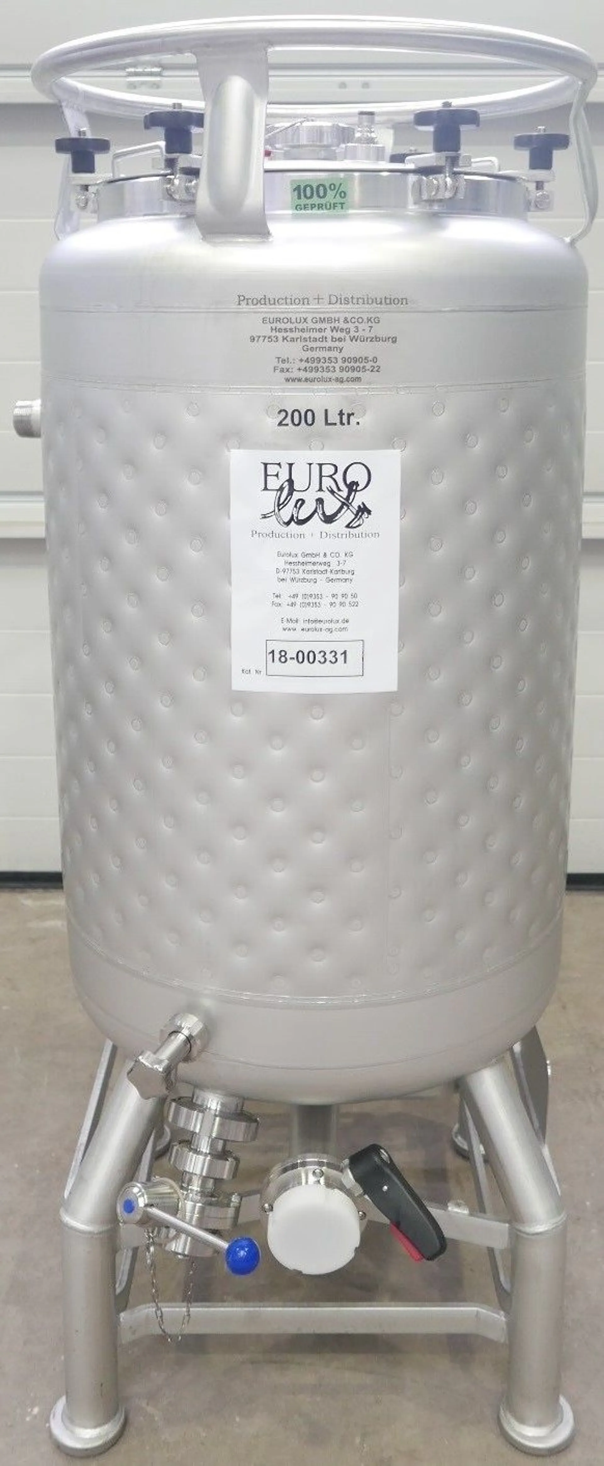 200 Liter Eurolux Biertank/ Lagertanks/ Drucktank mit Kühlmantel, rund, stehend aus V2A, Betriebsdruck: +2,0 bar