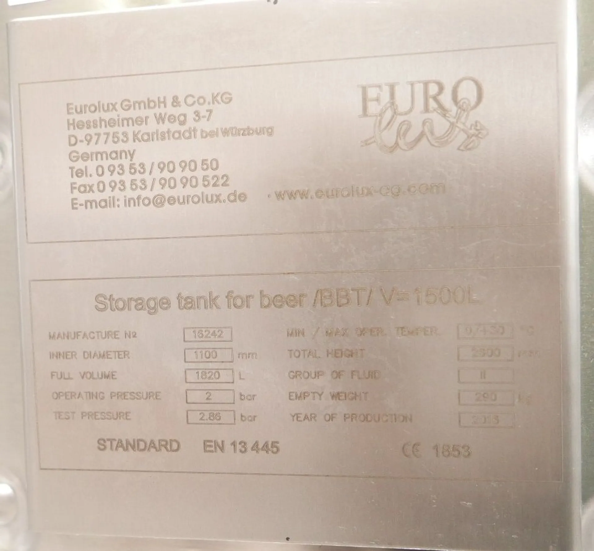 1500 liters Storage Tanks / Pressure Tanks / Beer Tanks in V2A with cooling jacket