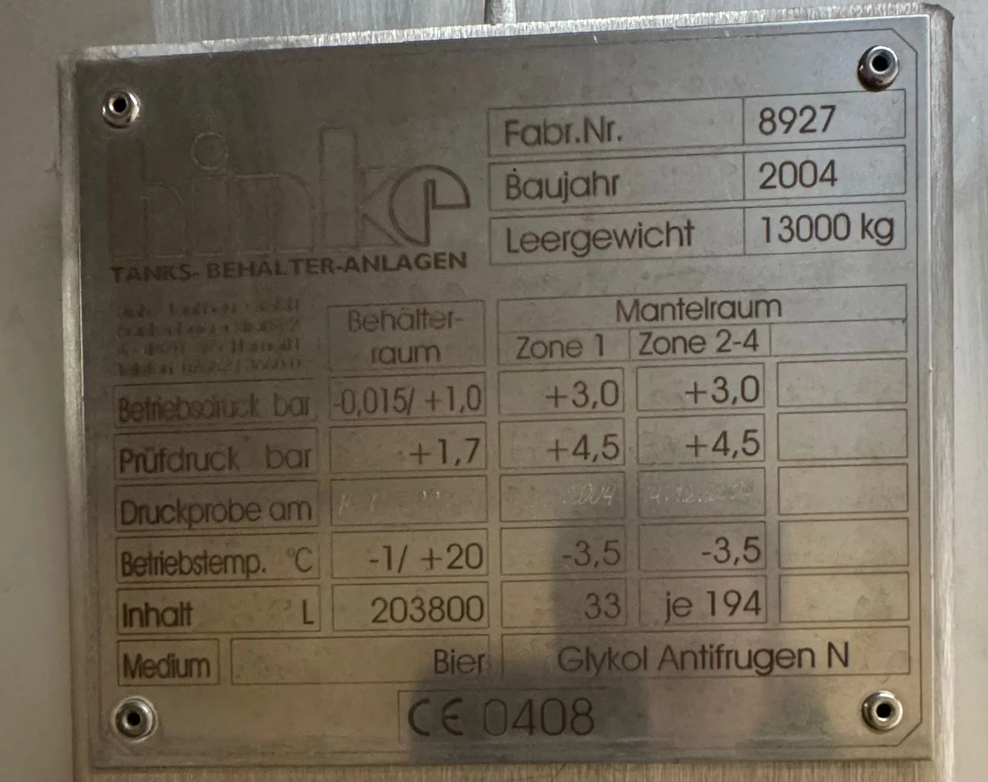 26-0014EUBA 203.800 Liter ZKG Tanks/ Biertanks HINKE