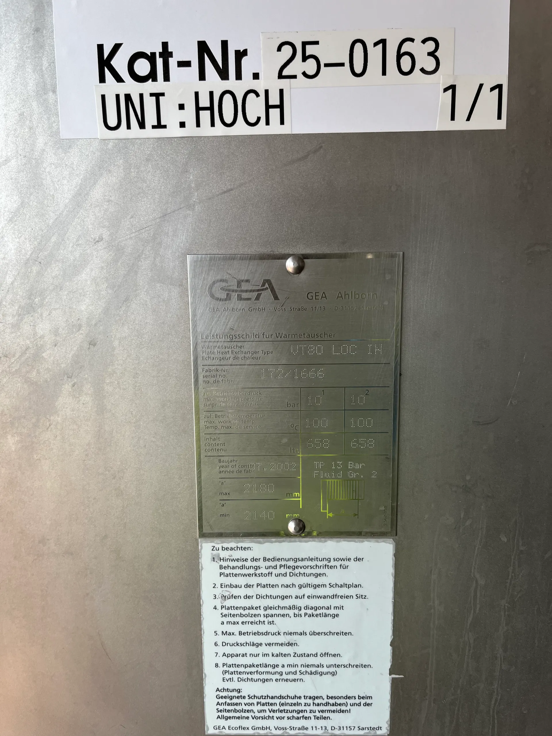 25-0163EUBA 658 Liter Plattenwärmetauscher GEA Ahlborn VT80 LOC IN
