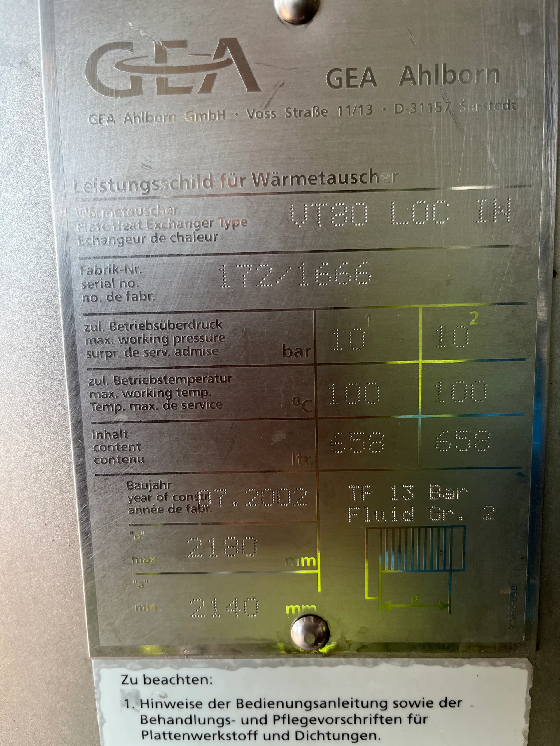 25-0163EUBA 658 Liter Plattenwärmetauscher GEA Ahlborn VT80 LOC IN