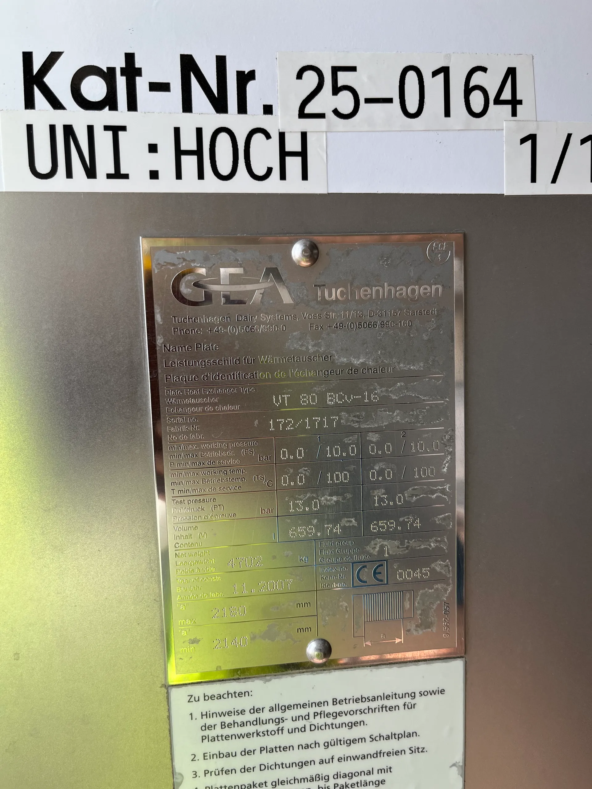 25-0164EUBA 659,74 Liter Plattenwärmetauscher GEA Tuchenhagen VT 80 BCv-16