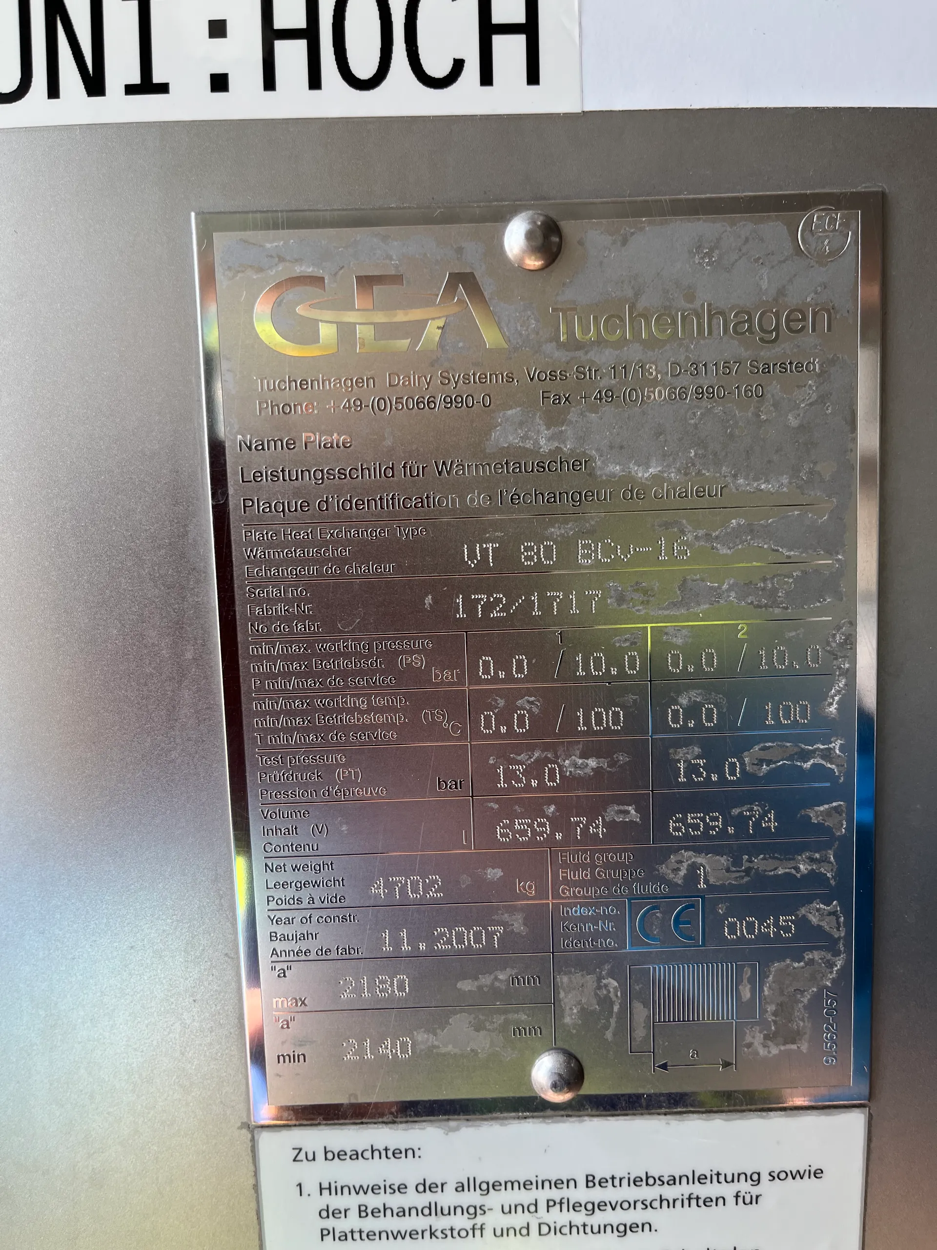 25-0164EUBA 659,74 Liter Plattenwärmetauscher GEA Tuchenhagen VT 80 BCv-16