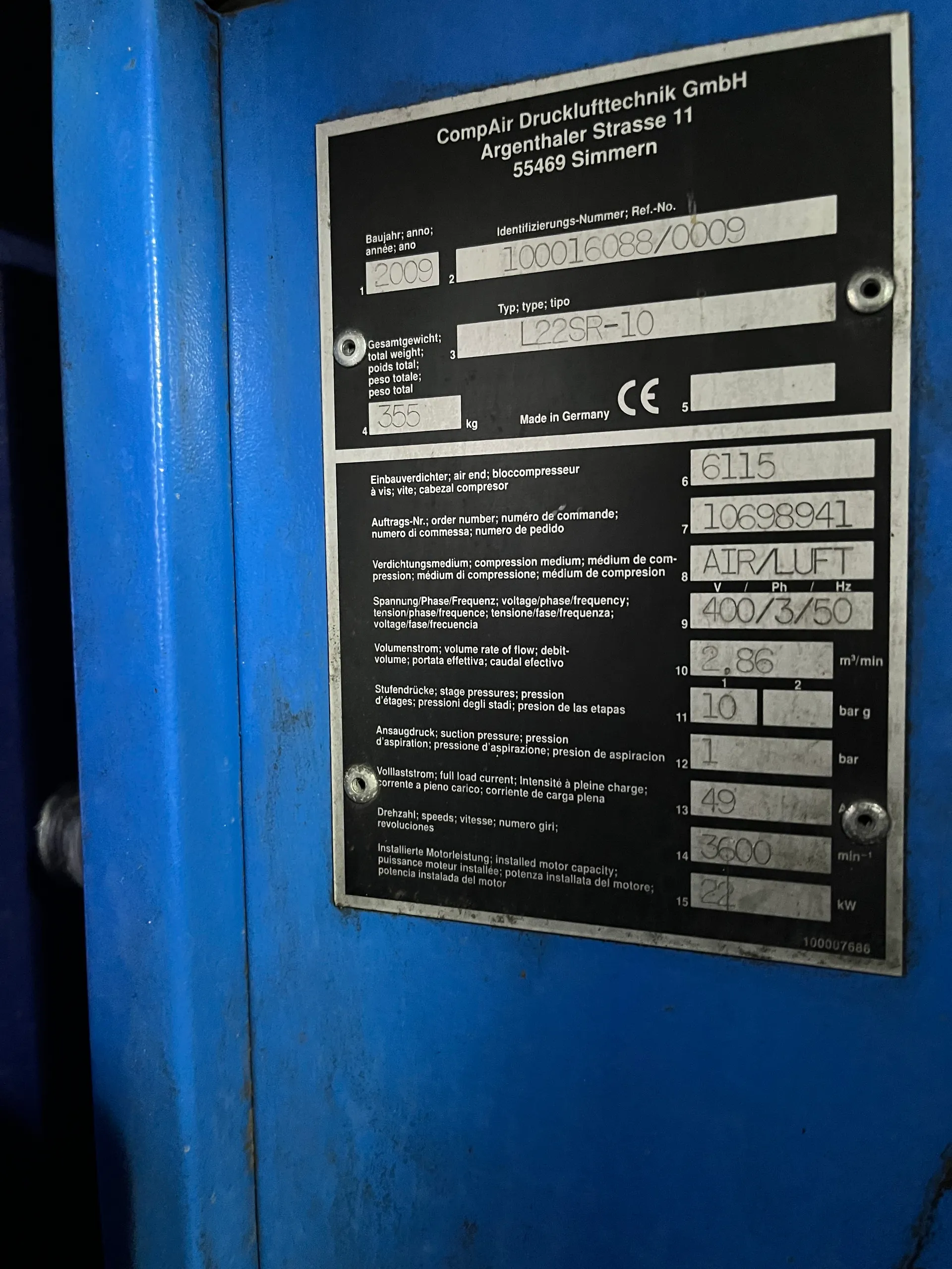 25-0173EUBA Kompressor COMPAIR L22 SR-10 Volumen 2,86 m³/min 