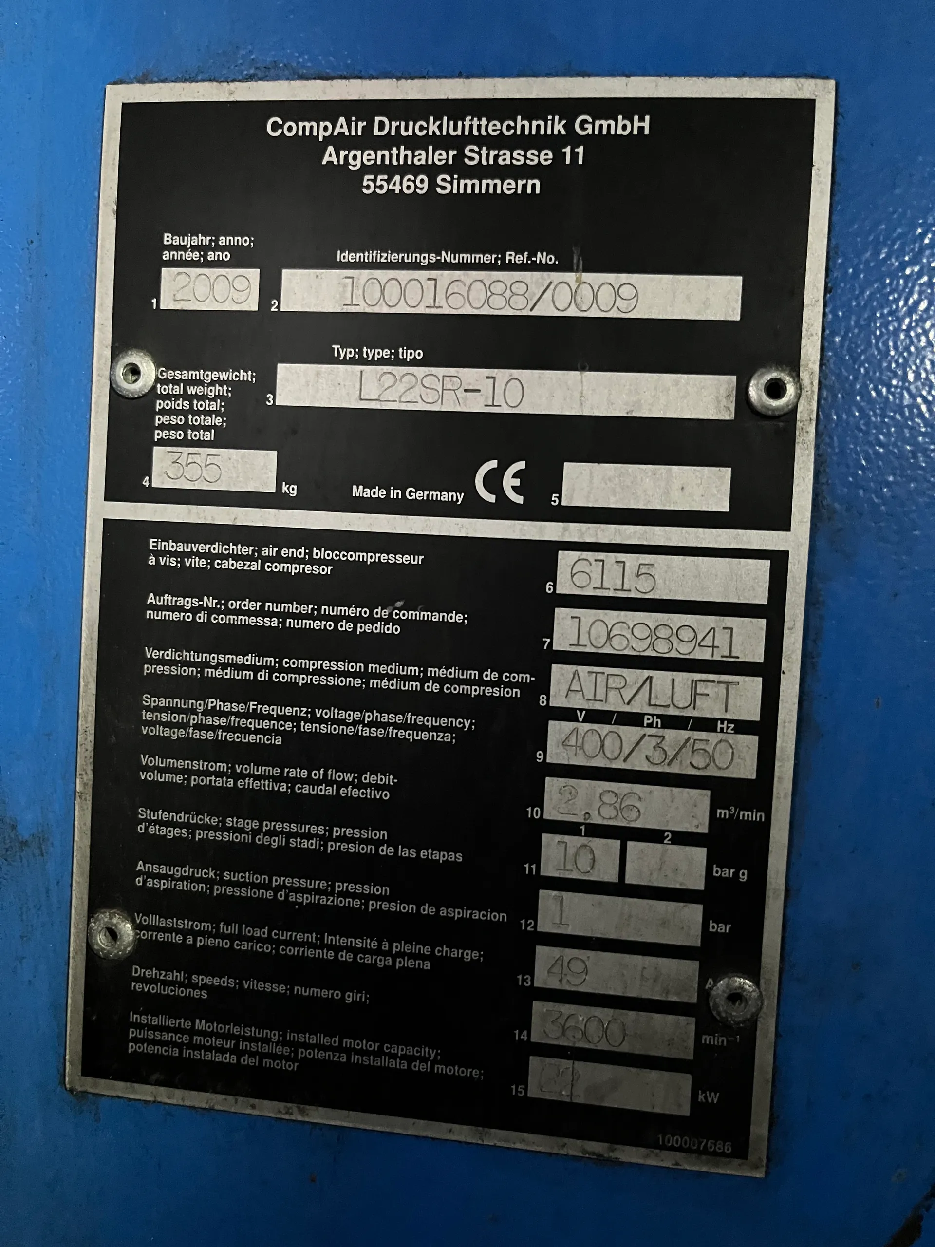 25-0173EUBA Kompressor COMPAIR L22 SR-10 Volumen 2,86 m³/min 