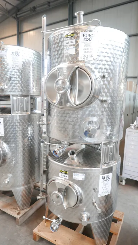 25-0126  320 Liter + 525 Liter Basictank + Stapeltank /Lagertank/ Weintank/ Fruchtsafttank SPEIDEL rund , vertikal aus V2A  