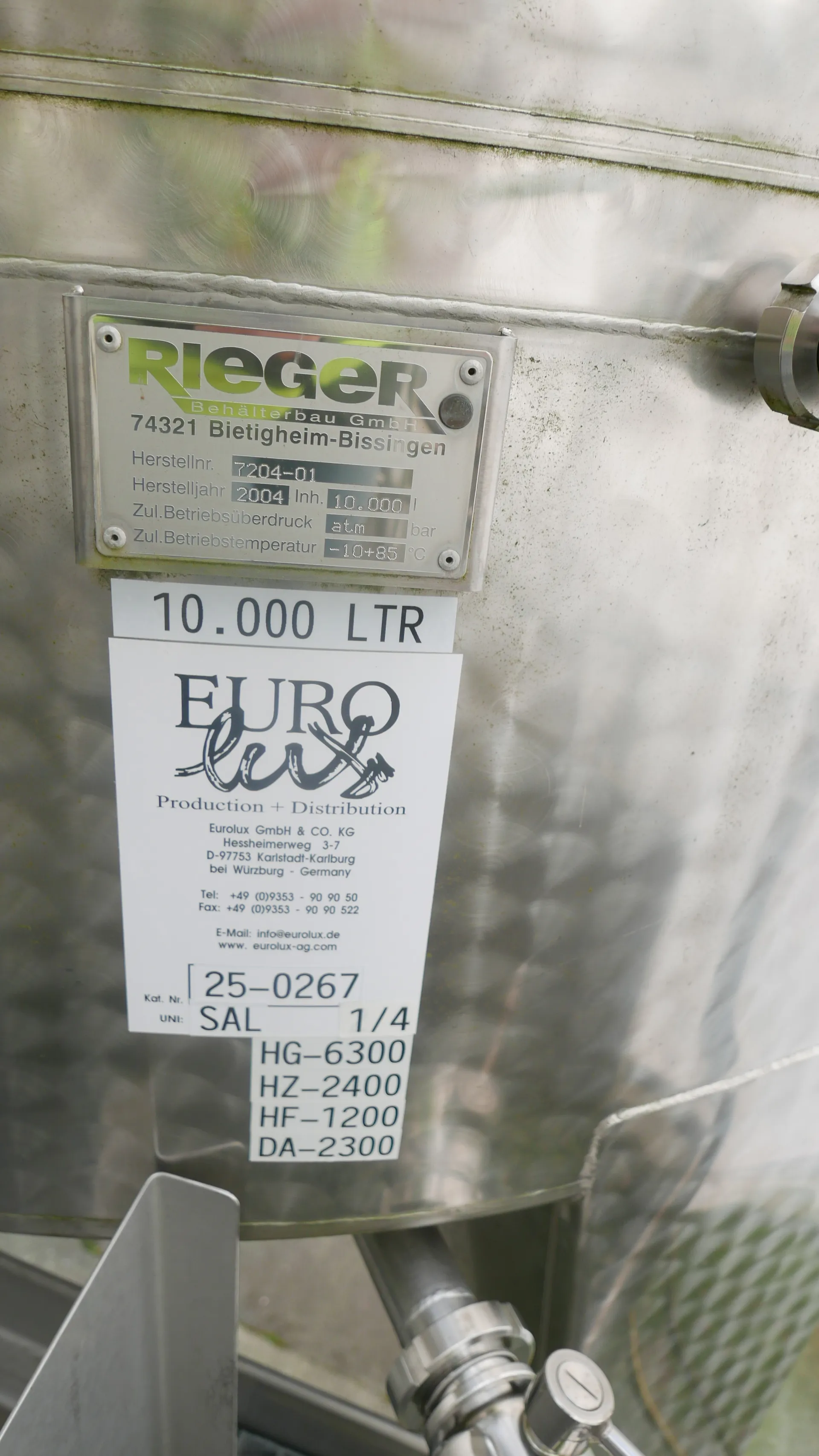 10.000 Liter Maischetaucher /Voll- Taucher RIEGER mit Überspüleinrichtung und Siebzylinder mit Kühlmantel und Steuerung in V2A