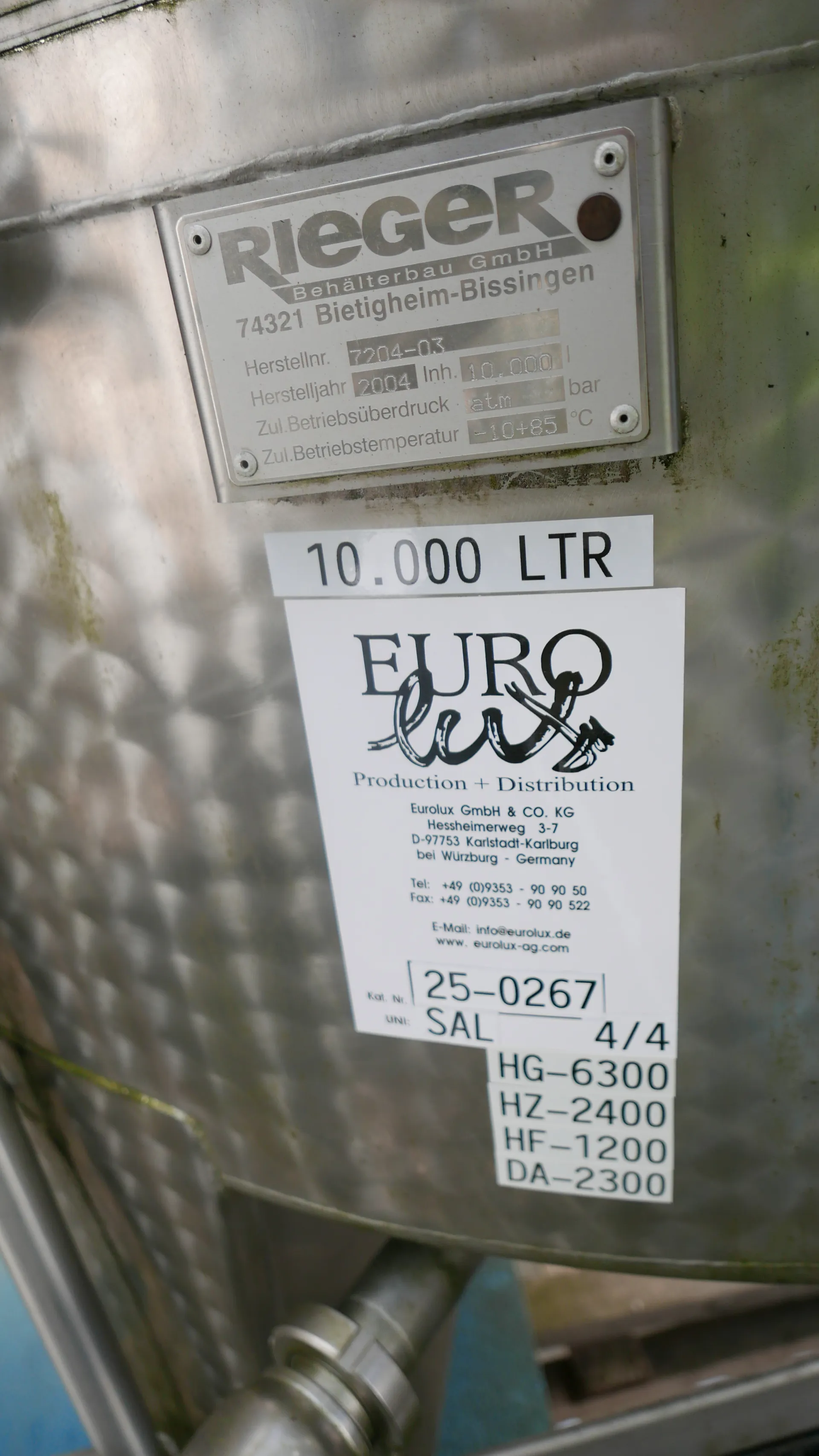 10.000 Liter Maischetaucher /Voll- Taucher RIEGER mit Überspüleinrichtung und Siebzylinder mit Kühlmantel und Steuerung in V2A
