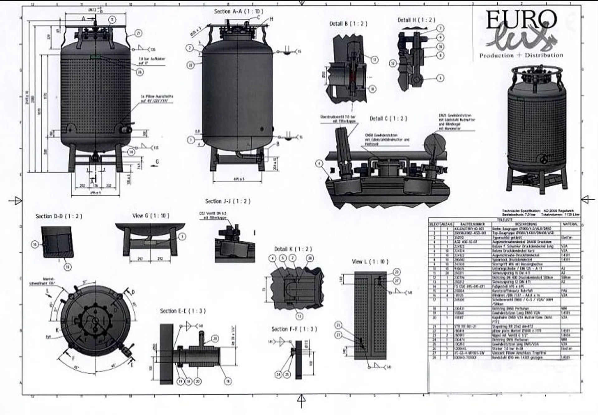 Sektdrucktank/ Lagertanks/ Drucktank 1125 Liter  mit Kühlmantel rund stehend aus V2A  +7,0 bar