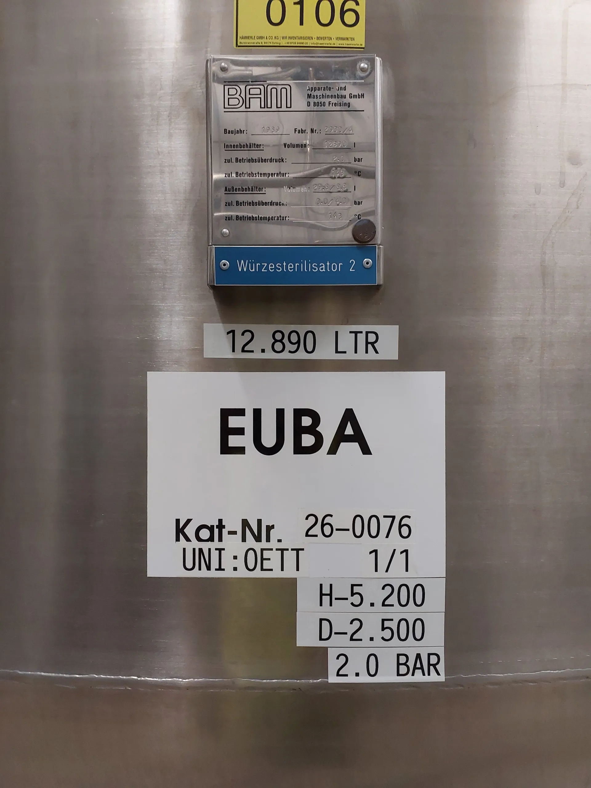 12.890 Liter 2 bar Drucktank Würzesterilisator 2 isoliert