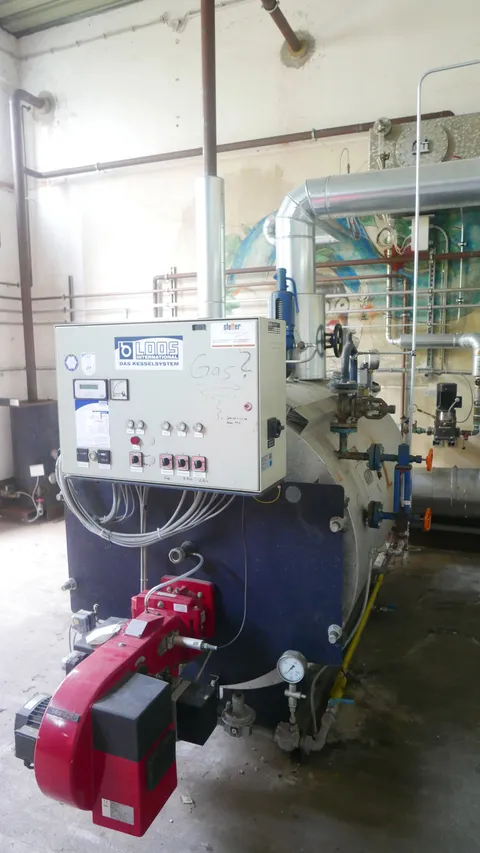 Dampferzeuger LOOS 500 kg/h mit Edelstahlkamin und Speisewasserbehälter 250 Liter, 1 bar Betriebsdruck