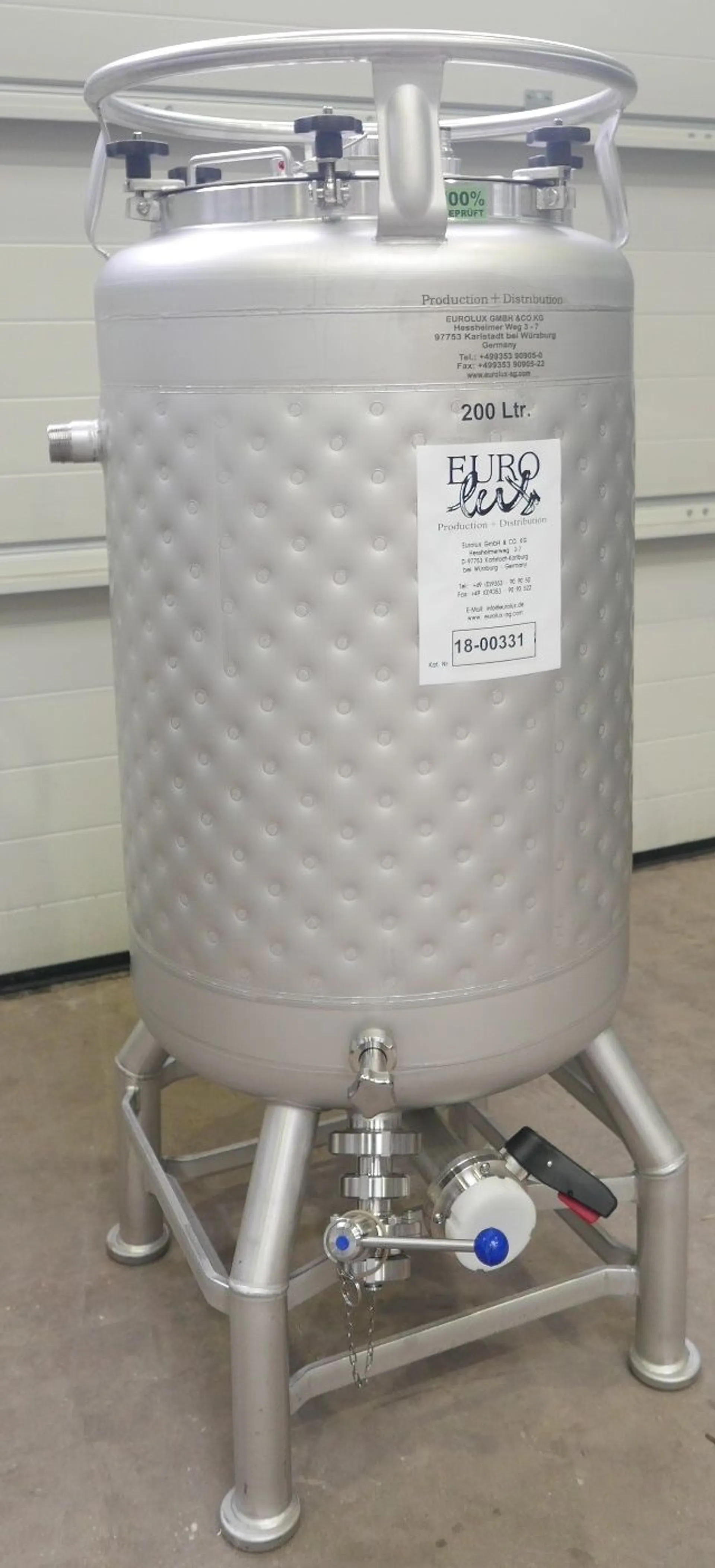 200 Liter Eurolux Biertank/ Lagertanks/ Drucktank mit Kühlmantel, rund, stehend aus V2A, Betriebsdruck: +2,0 bar
