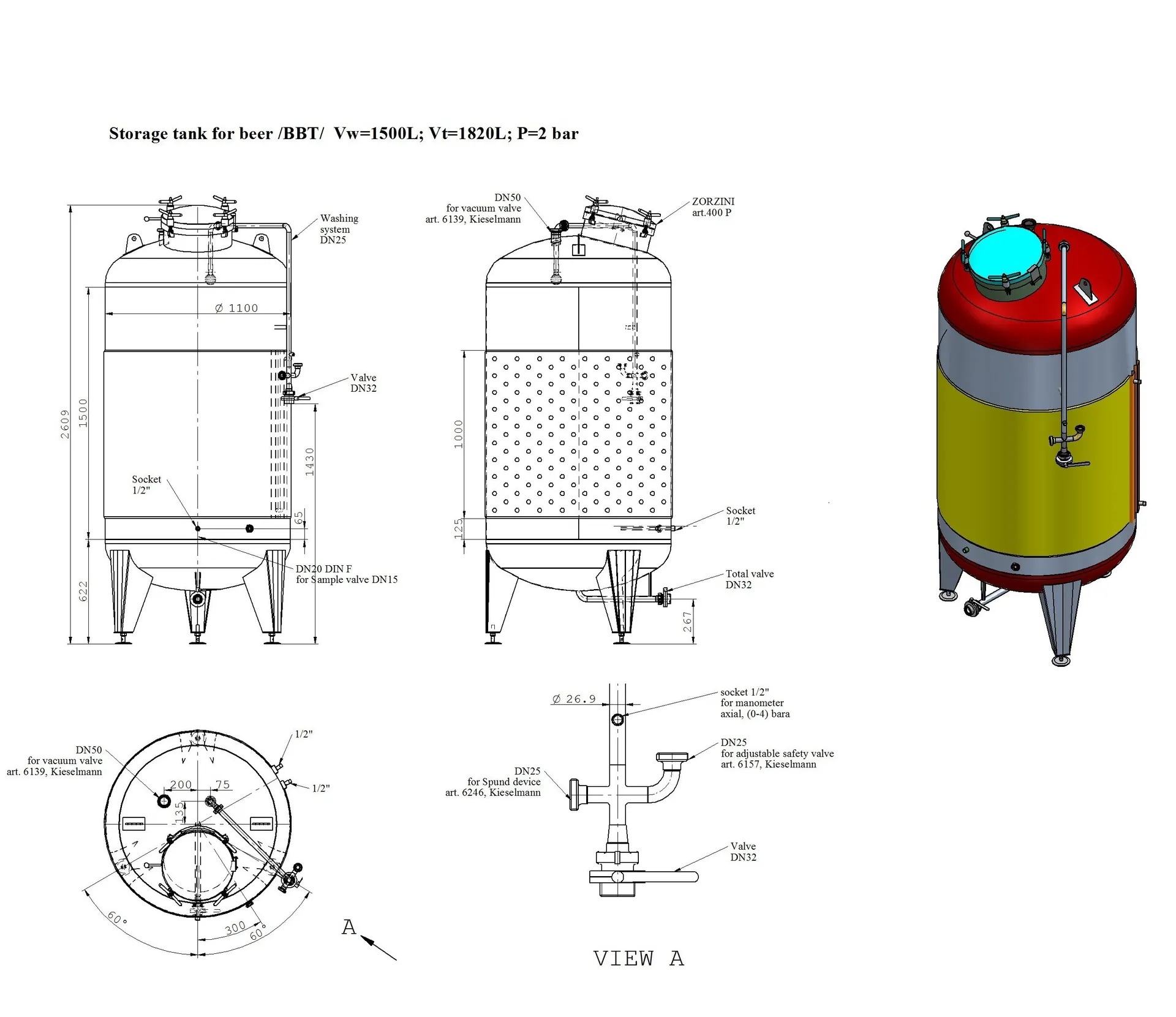 1500 liters Storage Tanks / Pressure Tanks / Beer Tanks in V2A with cooling jacket